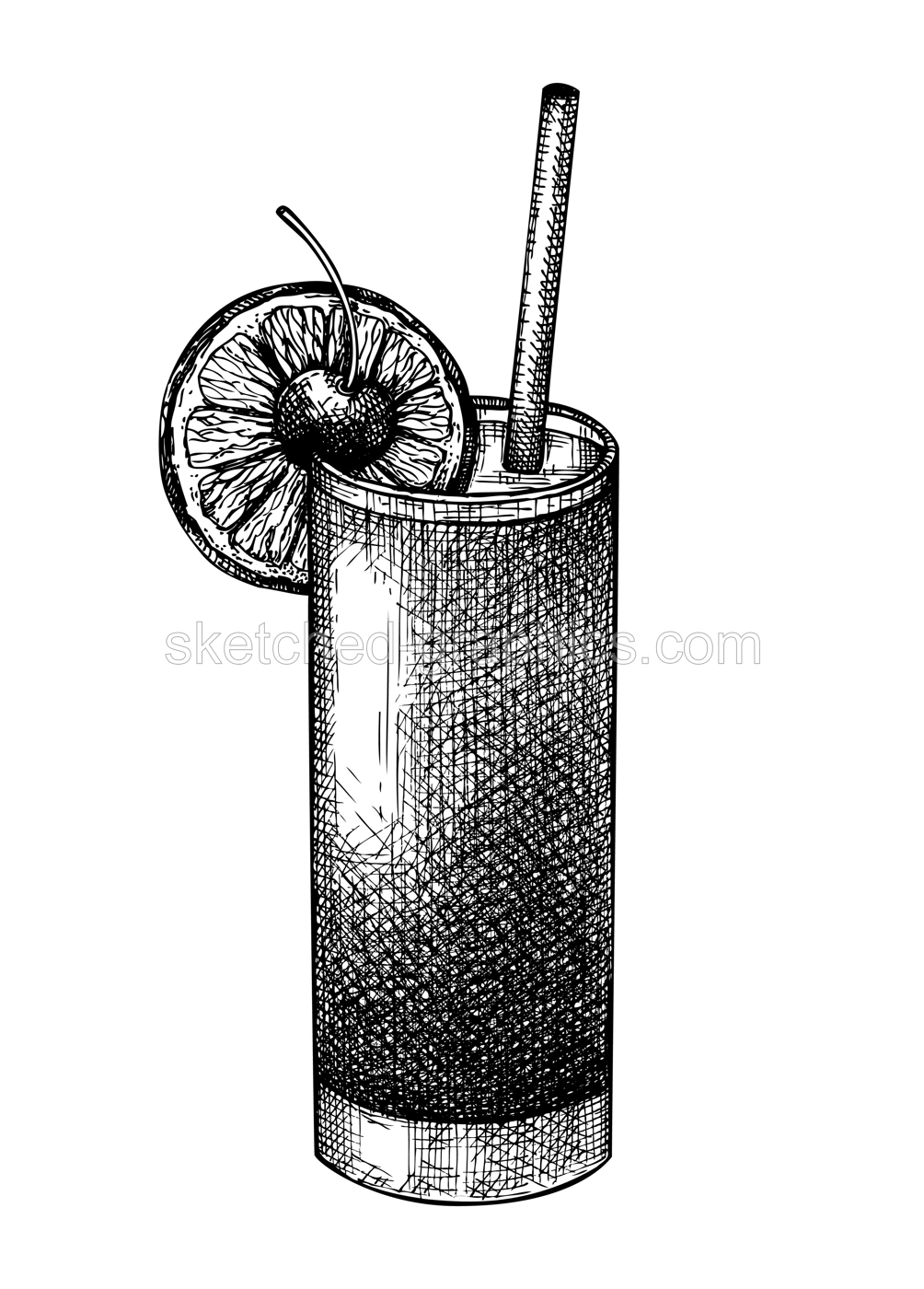 Hand-sketched Tequila sunrise cocktail illustration. Vector sketch of alcoholic drink in an elegant glass. A tropical cocktail with tequila, orange juice, and grenadine syrup hand-drawing  Illustration